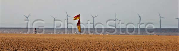 Offshore wind farm in front of Formby beaches and dunes, in Liverpool.